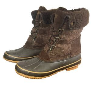 Khombu Brown Herringbone Duck Boots Winter Wool Blend Womens Size 7 Snow Rubber